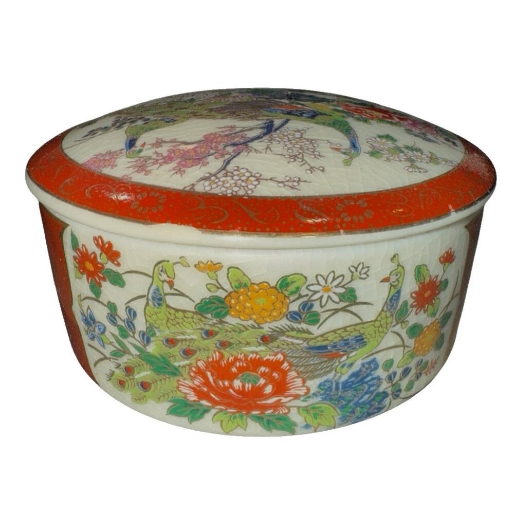 Vintage Satsuma Japanese Peacock Jewelry Box 3.75" Made in Japan